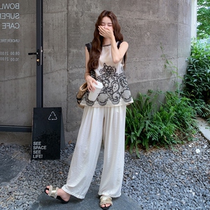 设计感无袖上衣套装女2025夏季新款时尚蕾丝拼接背心阔腿裤两件套图片