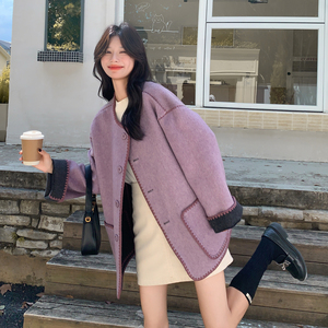 灰紫色双面羊毛大衣女冬季高级感时尚气质撞色两面穿围巾毛呢外套图片