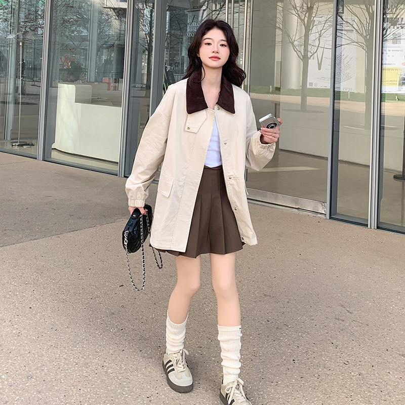 春装新款奶油杏撞色领风衣外套RF2C036-F352-P150-K218,女装短外套,2C036