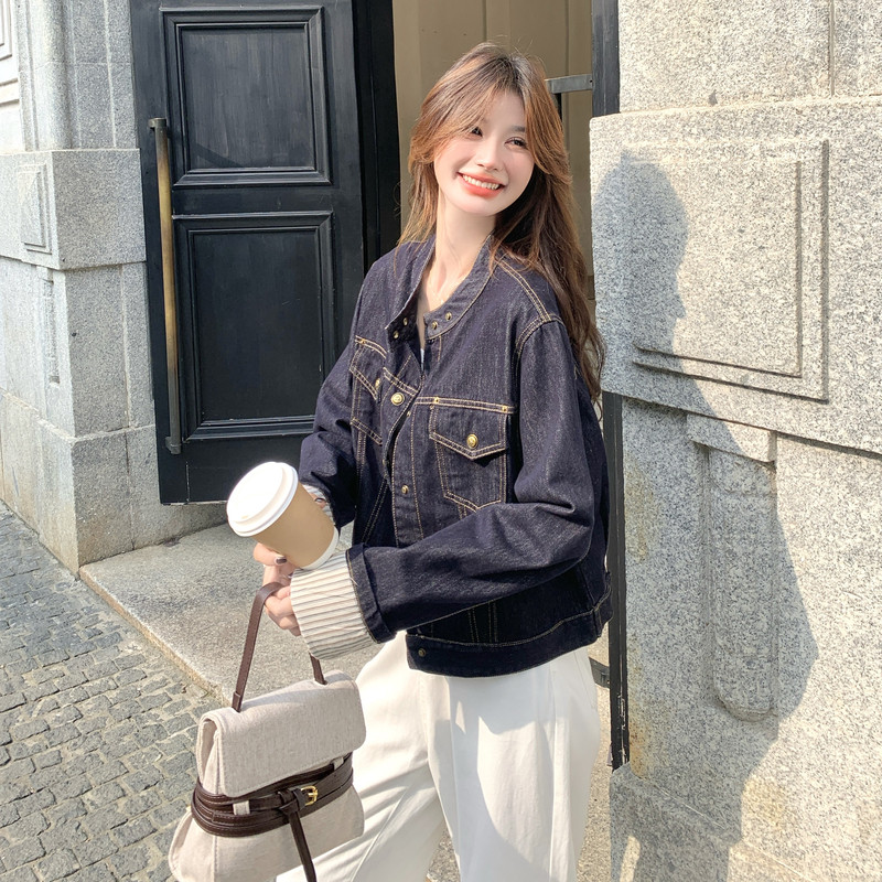 韩系chic藏蓝色牛仔外套女2025春秋超火好看休闲减龄工装夹克上衣,女装短外套,2C036