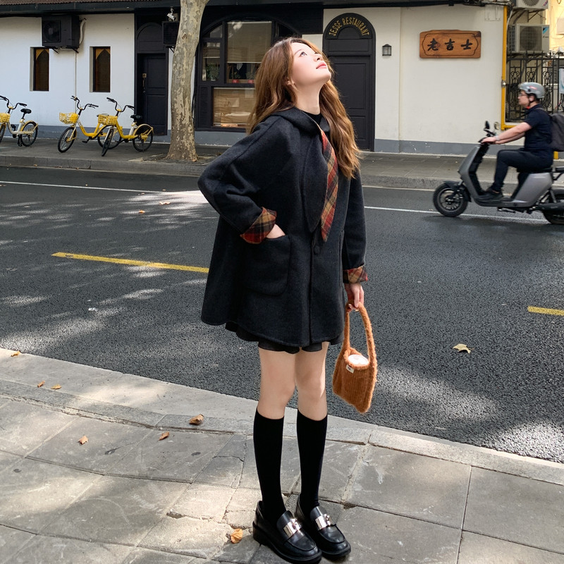 红格子加灰色两面穿连帽正70双面羊毛大衣RF2C036-Y609-P250-K378,女装毛呢外套,2C036
