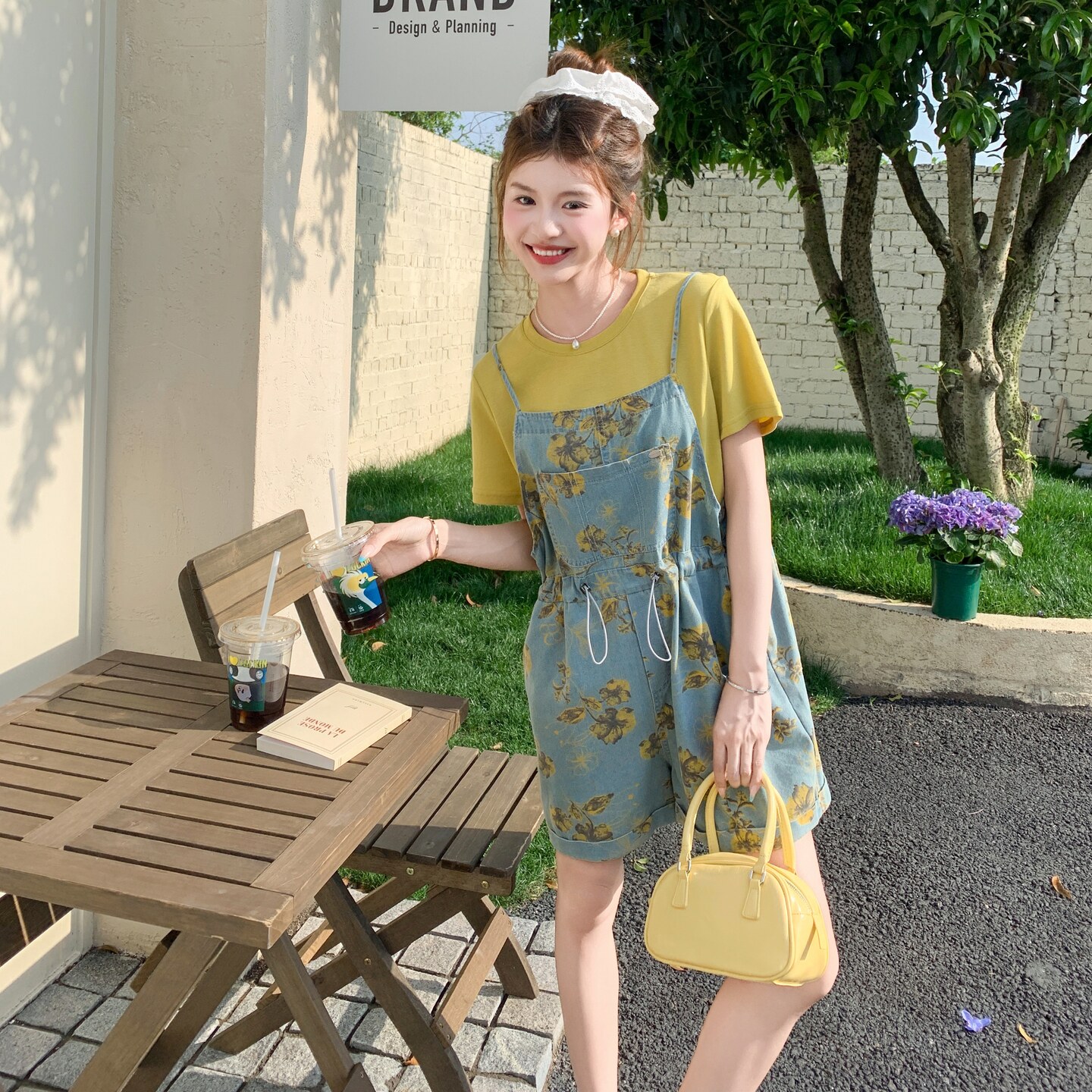 休闲T恤牛仔碎花背带裤套装女夏小个子两件套ootd减龄穿搭巨好看,女装套装/套裙,2C036