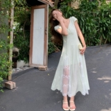 小清新薄荷绿蕾丝拼接仙女百搭连衣裙2025夏季法式掐腰a字大摆裙，女装连衣裙，2C036