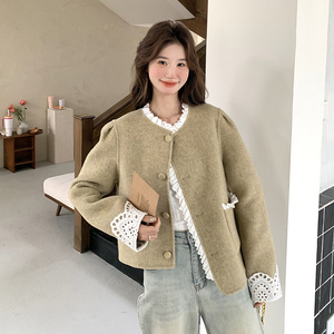 蕾丝拼接小香风毛呢外套女2025春季新款高级感超好看气质短款上衣图片