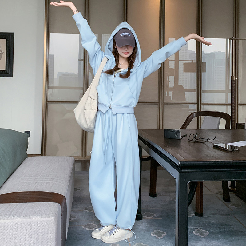 蓝色韩版连帽卫衣开衫运动套装女秋季2025新款休闲显瘦长裤两件套，女装卫衣/绒衫，2C036
