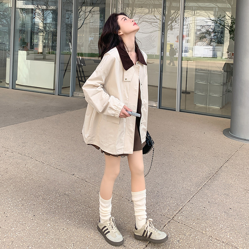秋装新款奶油杏撞色领风衣外套RF2C036-F352-P150-K218,女装短外套,2C036
