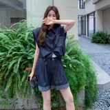 深蓝色休闲牛仔套装女夏新款轻薄时尚洋气印花无袖衬衫短裤两件套，女装套装/套裙，2C036
