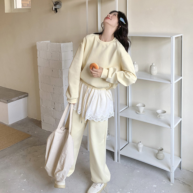 奶甜系蕾丝拼接卫衣女2025春季新款韩系减龄小个子卫裤,女装卫衣/绒衫,2C036