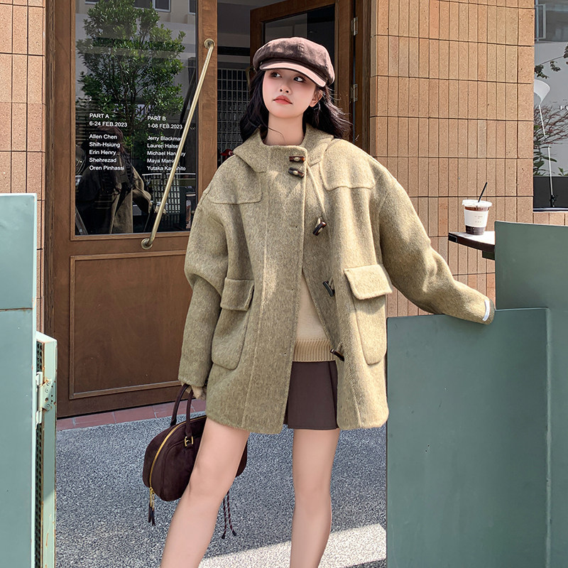 新款芥菜绿牛角扣羊毛大衣90毛2C036-Y313-P260-K405,女装毛呢外套,2C036