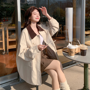 卡其色撞色翻领工装短外套女2025春季新款韩版小个子宽松显瘦夹克图片
