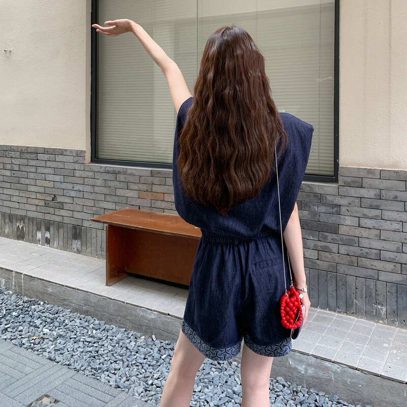 又a又飒复古薄牛仔套装女夏新款休闲显瘦抽绳无袖衬衫短裤两件套,女装套装/套裙,2C036