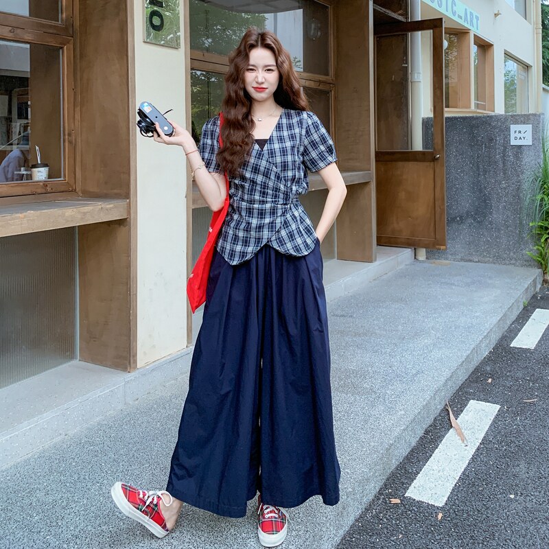 夏季新款格子上衣+阔腿裤两件套RF2C036-T520-P155-K228,女装套装/套裙,2C036