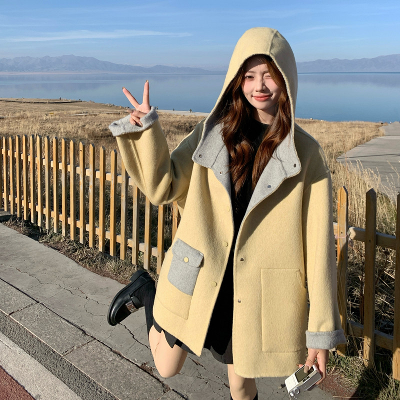 冬季新款奶黄色正70双面双色羊毛大衣RF2C036-Y619-P245-K368,女装毛呢外套,2C036