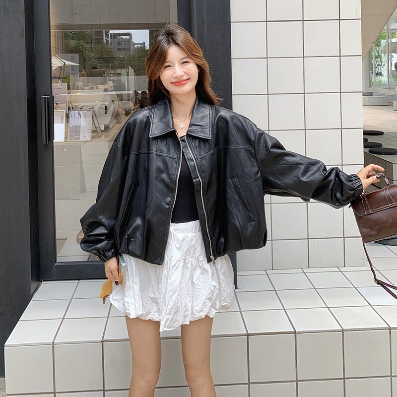 减龄气质黑色翻领皮衣短外套女春秋2025新款小个子PU夹克流行爆款,女装皮衣,2C036