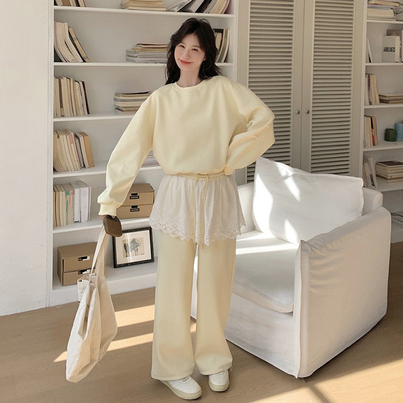 奶甜系蕾丝拼接卫衣女2025春季新款韩系减龄小个子卫裤，女装卫衣/绒衫，2C036