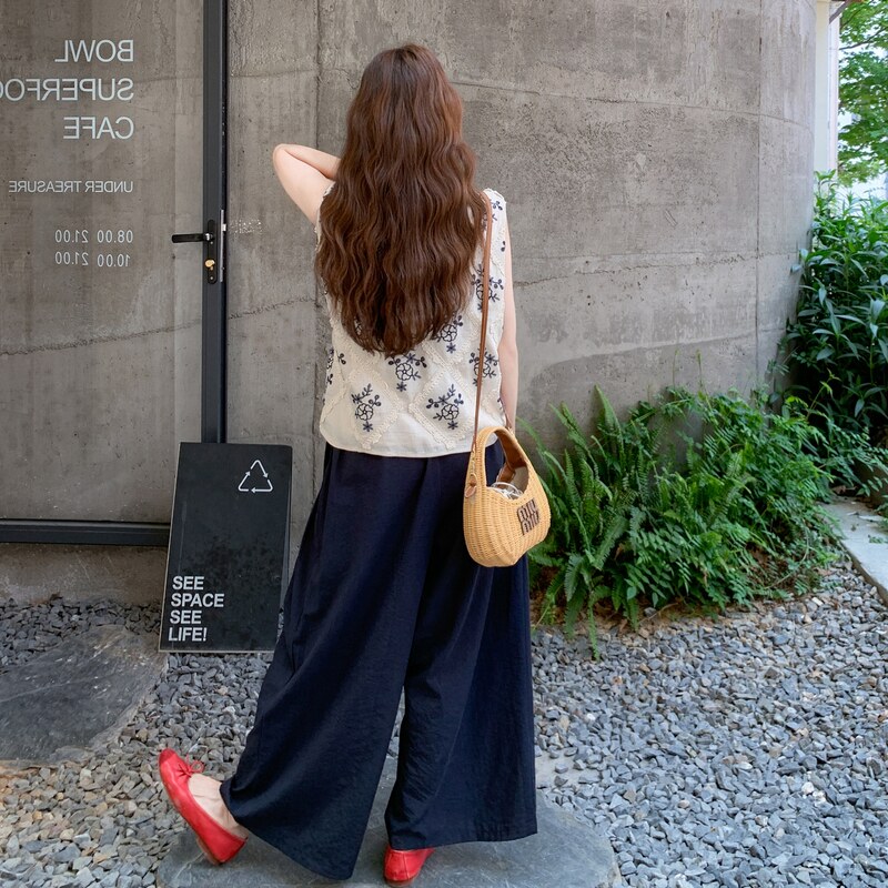复古刺绣单排扣马甲阔腿裤两件套女2025夏季新款超好看小个子休闲,女装套装/套裙,2C036
