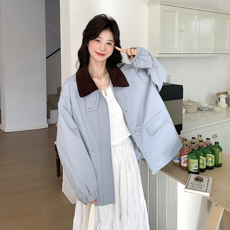 秋装新款冰河蓝领子拼色风衣外套RF2C036-F326-P150-K218,女装风衣,2C036