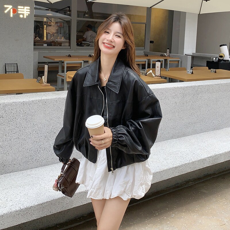 减龄气质黑色翻领皮衣短外套女春秋2025新款小个子PU夹克流行爆款,女装皮衣,2C036