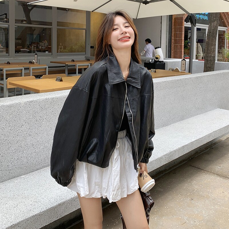 黑色复古皮衣外套女2025秋季新款甜酷高级感休闲显瘦PU皮机车夹克,女装皮衣,2C036