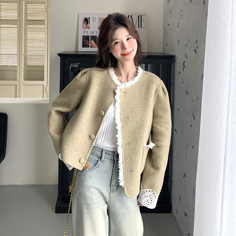 蕾丝花边小香风羊毛呢子外套女2025年春秋季新款韩版显瘦毛呢大衣,女装毛呢外套,2C036