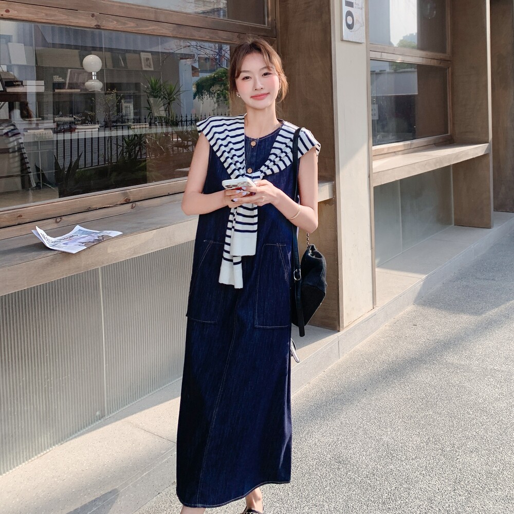 清清牛仔布条纹披肩连衣裙（送披肩RF2C036-L373-P145-K218,女装连衣裙,2C036