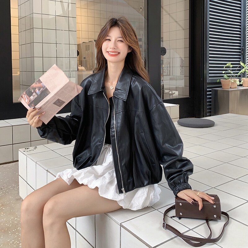 减龄气质黑色翻领皮衣短外套女春秋2025新款小个子PU夹克流行爆款,女装皮衣,2C036