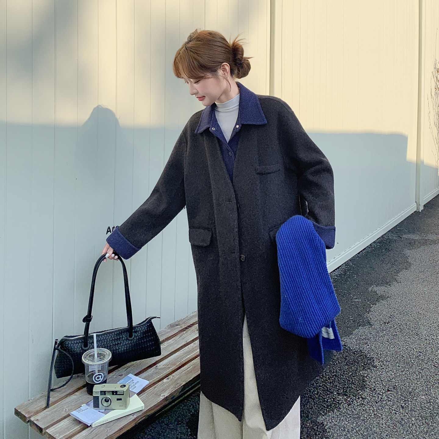 假两件拼接藏青色双面呢外套女2025冬季新款长款羊毛流行爆款大衣,女装毛呢外套,2C036