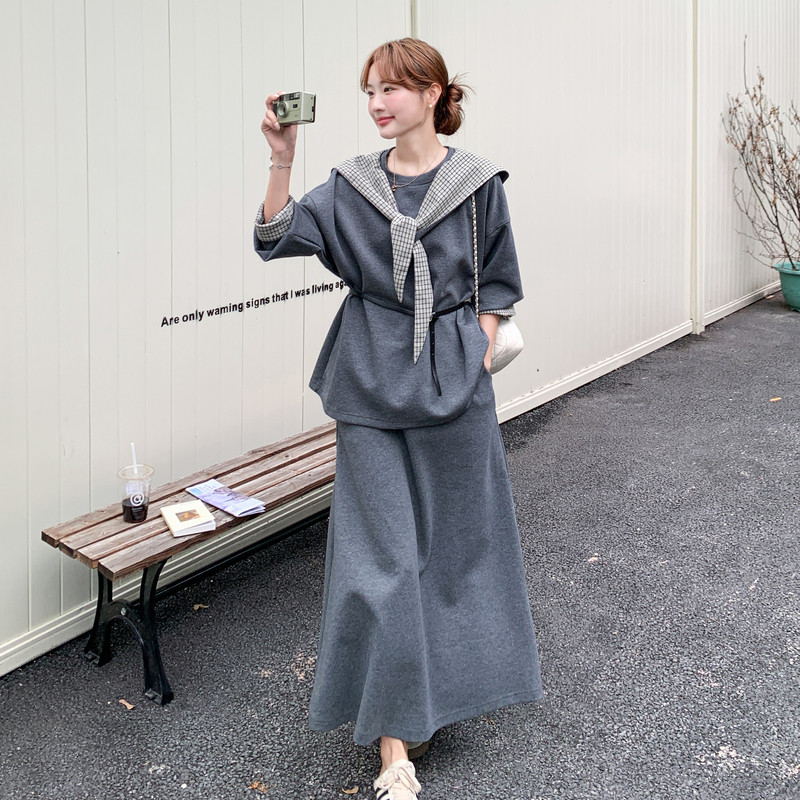 休闲运动格纹连帽灰色卫衣半身裙套装女春秋小个子减龄穿搭两件套,女装套装/套裙,2C036