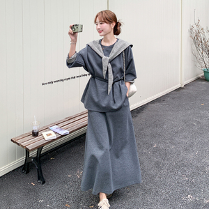 休闲运动格纹连帽灰色卫衣半身裙套装女春秋小个子减龄穿搭两件套图片