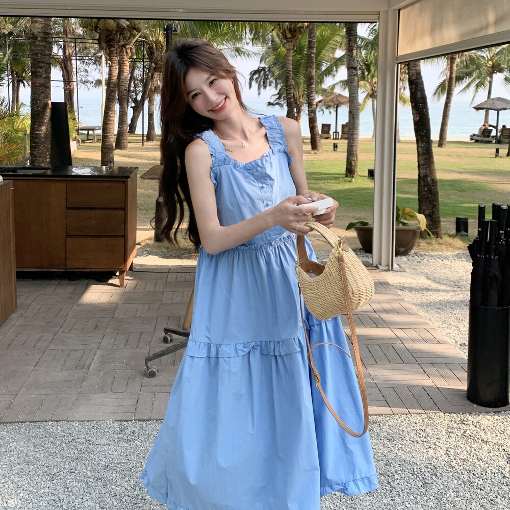 海边度假风木耳边蓝色背心连衣裙女夏2025新超好看款独特漂亮长裙,女装连衣裙,2C036
