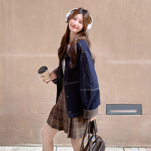 学院风撞色翻领牛仔外套女春秋2025新款小个子夹克上衣巨好看超火图片