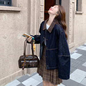 撞色翻领牛仔外套女2025秋季新款学院风设计感小个子休闲夹克上衣图片
