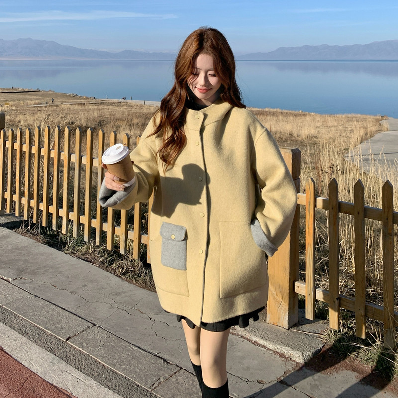 冬季新款奶黄色正70双面双色羊毛大衣RF2C036-Y619-P245-K368,女装毛呢外套,2C036