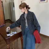 韩系穿搭黑灰花双面呢短外套女秋冬2025新款加厚翻领羊毛夹克上衣，女装毛呢外套，2C036
