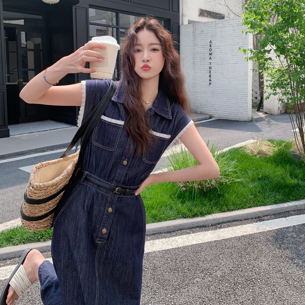 法式复古小飞袖牛仔连衣裙女2025夏季新款高级感时尚收腰显瘦长裙,女装连衣裙,2C036