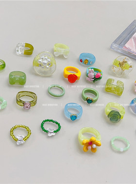 绿色串珠蝴蝶戒指合集女滴釉爱心指环ins风潮时尚个性小众食指戒