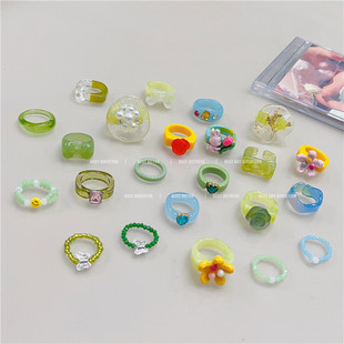 绿色串珠蝴蝶戒指合集女滴釉爱心指环ins风潮时尚个性小众食指戒