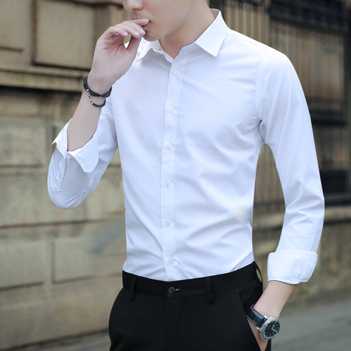 白衬衫男长袖免烫商务正装修身韩版职业上班男士白色休闲西装衬衣