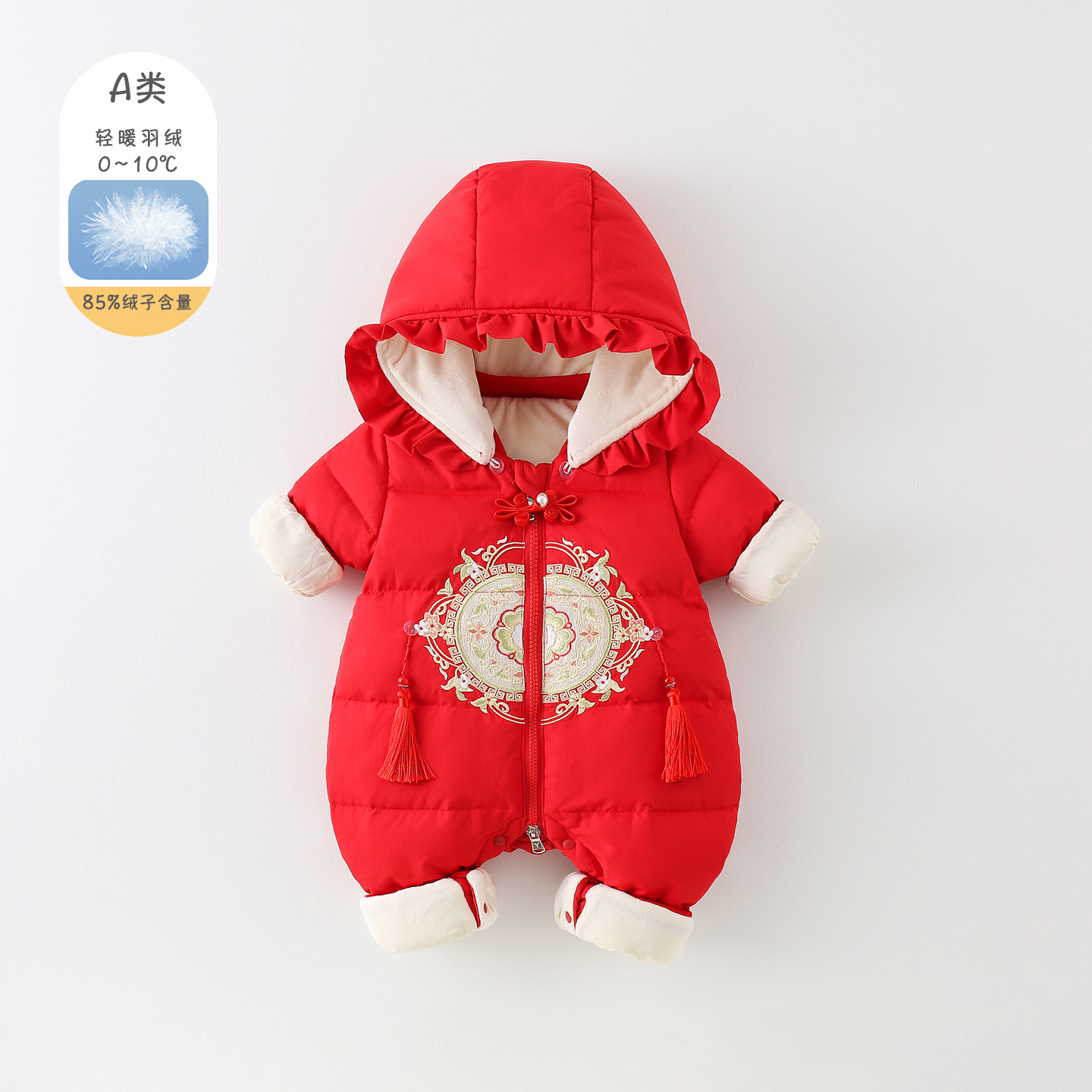 婴儿年服冬装新生儿宝宝羽绒服连体衣红色喜庆拜年服周岁礼服哈衣