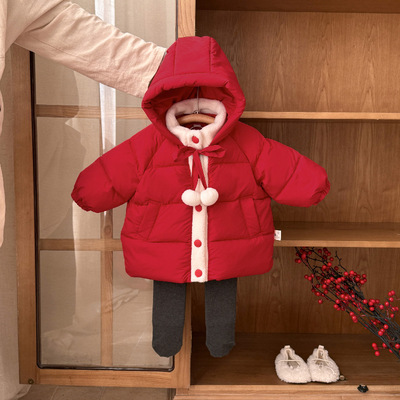 婴儿衣服棉服冬季女宝宝套装加厚新款时尚一岁过年喜庆冬款两件套