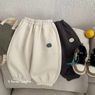 儿童一体加绒裤子秋冬装男童洋气条纹休闲卫裤女童米色柔软运动裤