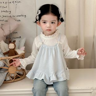 春季新款婴幼儿甜美套装女宝吊带罩衫打底衫牛仔喇叭裤三件套