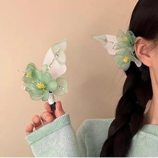 新款「奶绿花汀」森系绿色网纱花朵发夹女氛围感头饰发饰