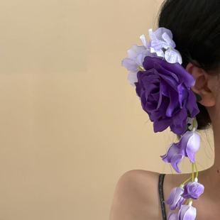 云雾桃夭~度假风氛围感紫色花朵发夹铃兰花流苏侧边夹发卡侧边夹