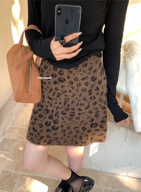 柠檬绿茶-千禧女孩复古豹纹高腰显瘦洋气北极绒半身裙YS1-MS-001