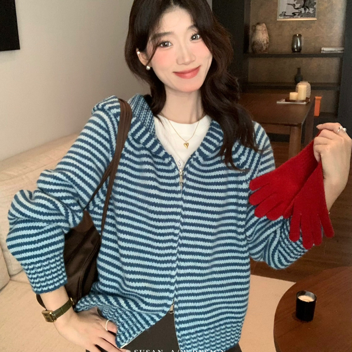 SUSAN-条纹外套韩系复古条纹连帽拉链宽松软糯松弛感毛衣6278s图片