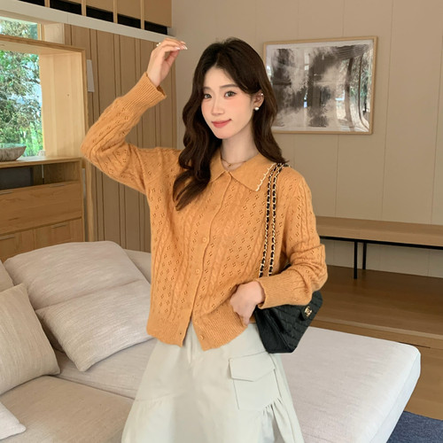 SUSAN-不撞款绞花撞色锁边翻领镂空麻花毛衣(含29.3绵羊毛)6521s