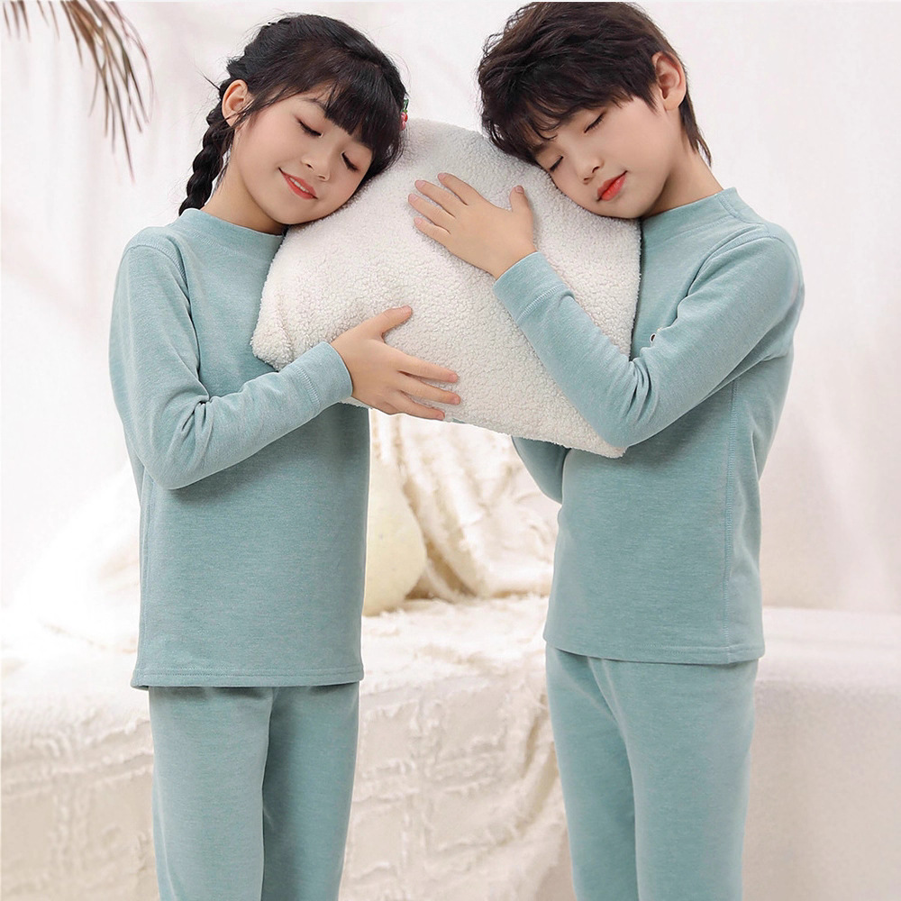 男童保暖内衣羊毛蚕丝女童睡衣儿童秋衣秋裤冬季加绒中领打底套装