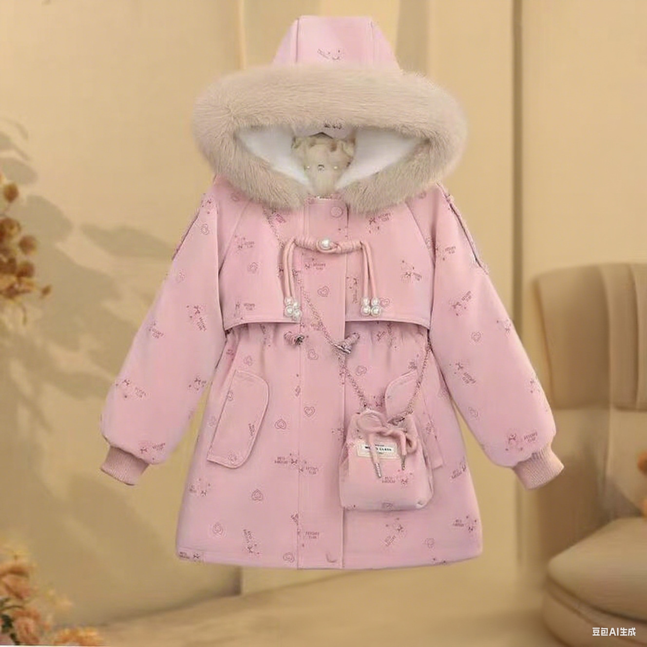 儿童装加绒加厚派克服冬季2024新款韩版洋气中长款外套送包包上衣