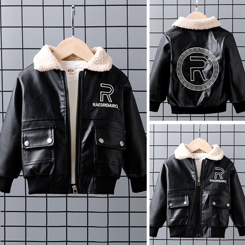 男童加绒加厚皮衣外套儿童中大童秋冬季PU皮夹克机车帅气外衣童装